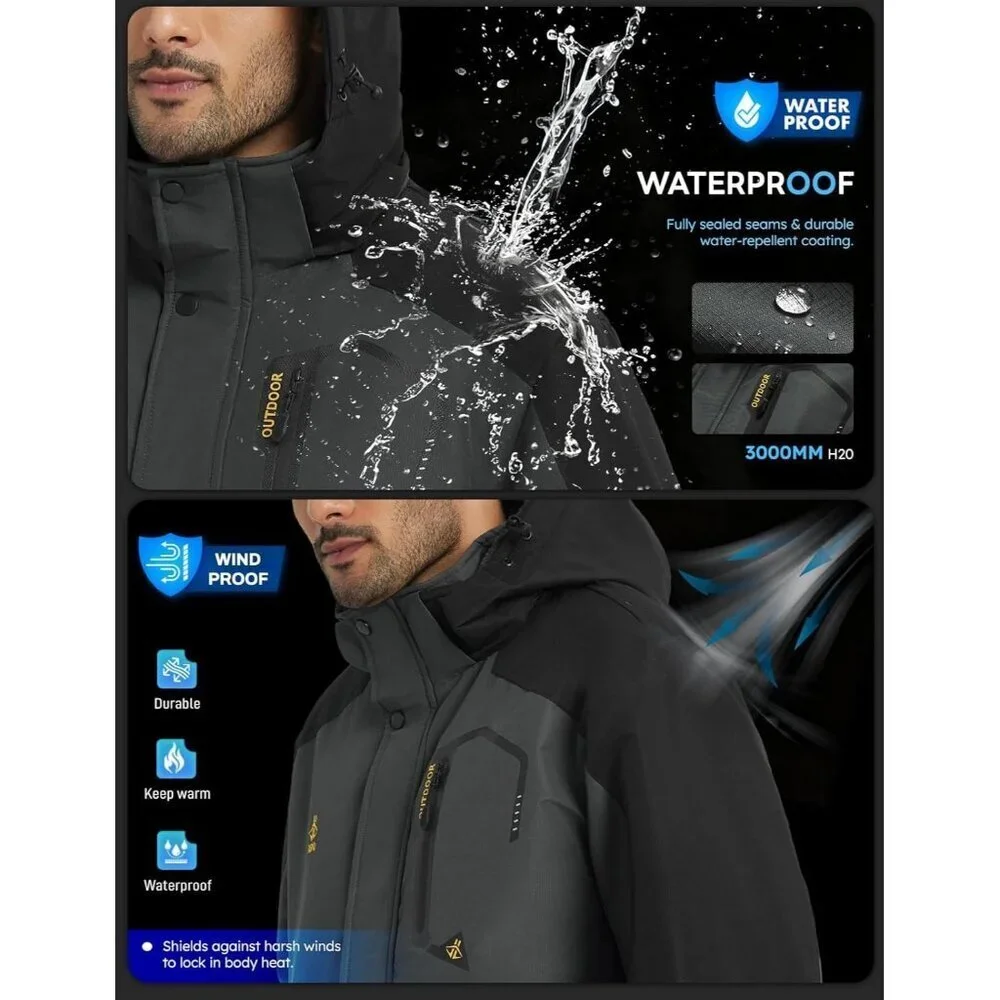 Men's DarkGrey 1 Waterproof Winter Warm Snow Coat Fleece Lined Hiking Ski Jacket